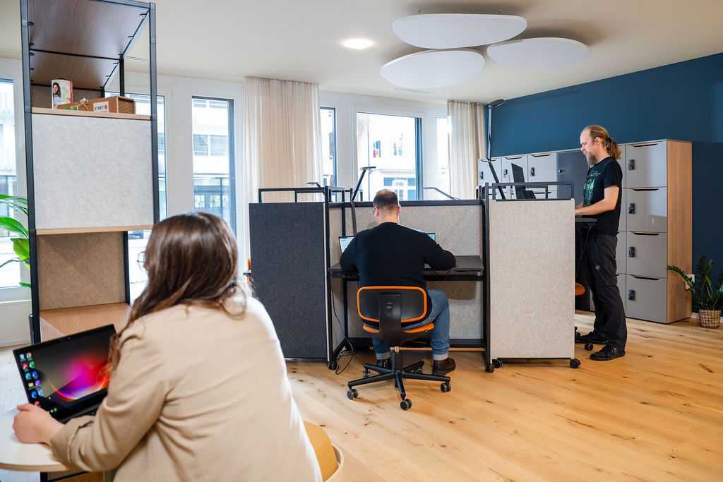 Moderner Arbeitsbereich mit Einzelarbeitsplätzen im I+D Campus